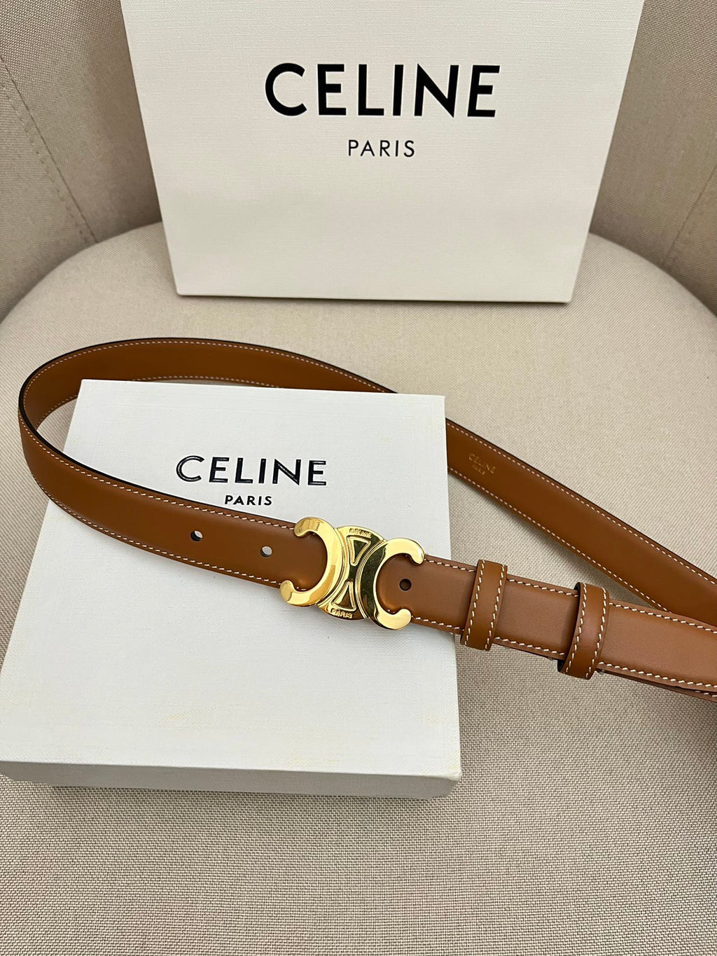 CELINE 25S TRIOMPHE 25MM BELT IN CARAMEL CALFSKIN GLOD HARDWARE