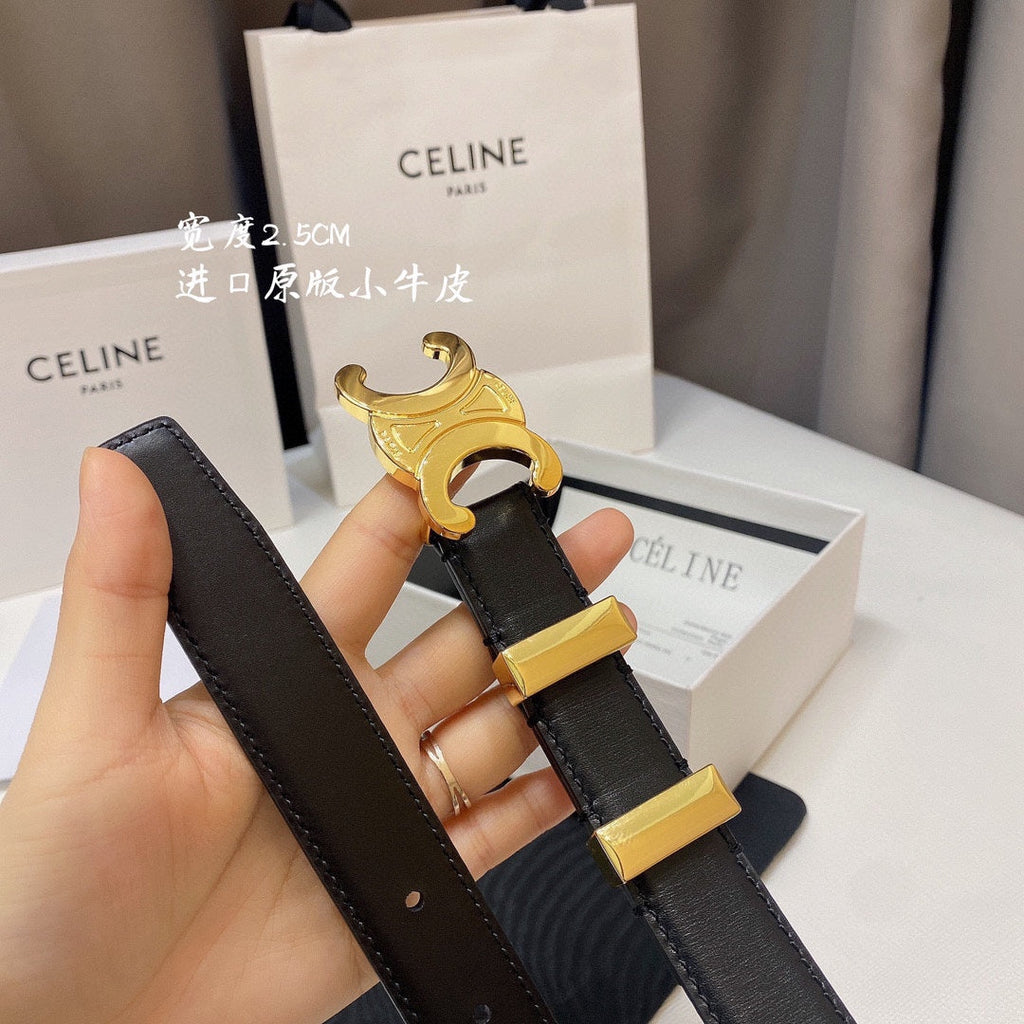 CELINE CL MEDIUM 25MM TRIOMPHE BELT IN BLACK CALFSKIN GOLD HARDWARE