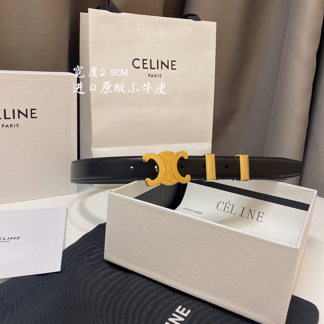 CELINE CL MEDIUM 25MM TRIOMPHE BELT IN BLACK CALFSKIN GOLD HARDWARE
