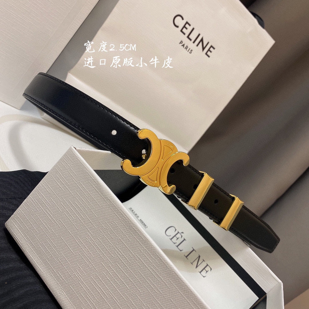 CELINE CL MEDIUM 25MM TRIOMPHE BELT IN BLACK CALFSKIN GOLD HARDWARE