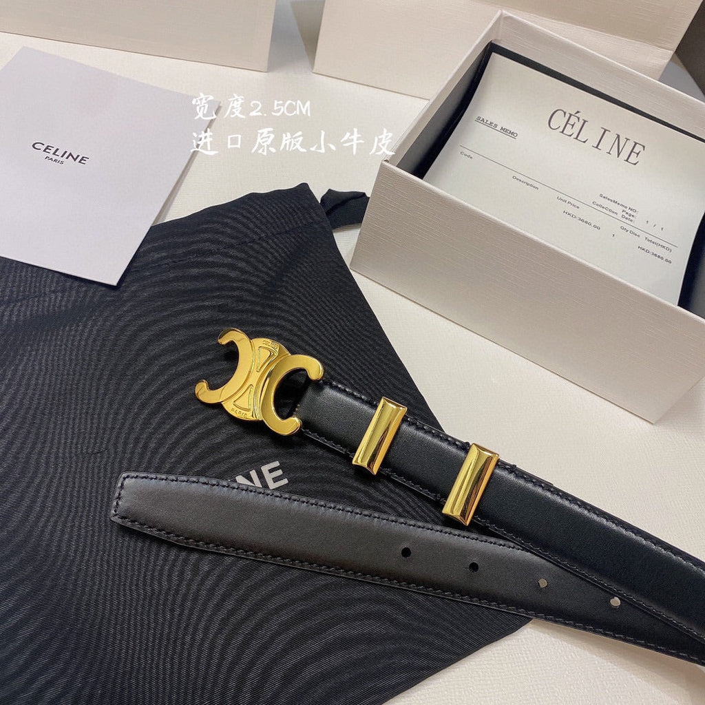 CELINE CL MEDIUM 25MM TRIOMPHE BELT IN BLACK CALFSKIN GOLD HARDWARE