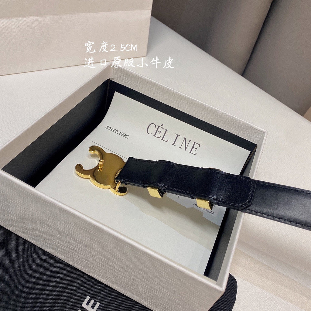 CELINE CL MEDIUM 25MM TRIOMPHE BELT IN BLACK CALFSKIN GOLD HARDWARE