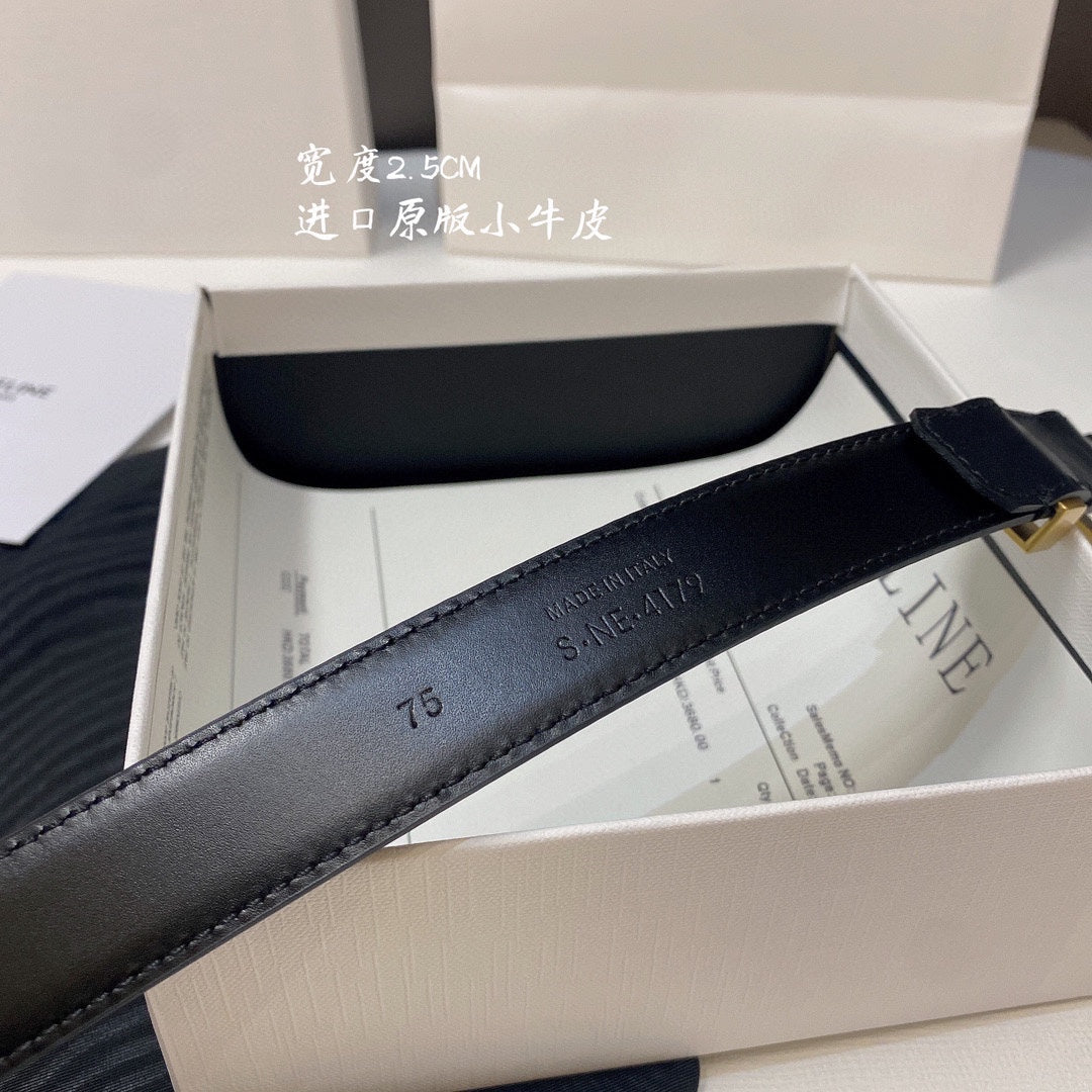 CELINE CL MEDIUM 25MM TRIOMPHE BELT IN BLACK CALFSKIN GOLD HARDWARE