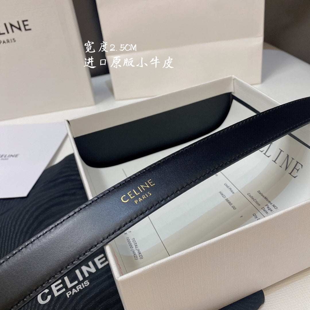 CELINE CL MEDIUM 25MM TRIOMPHE BELT IN BLACK CALFSKIN SILVER HARDWARE