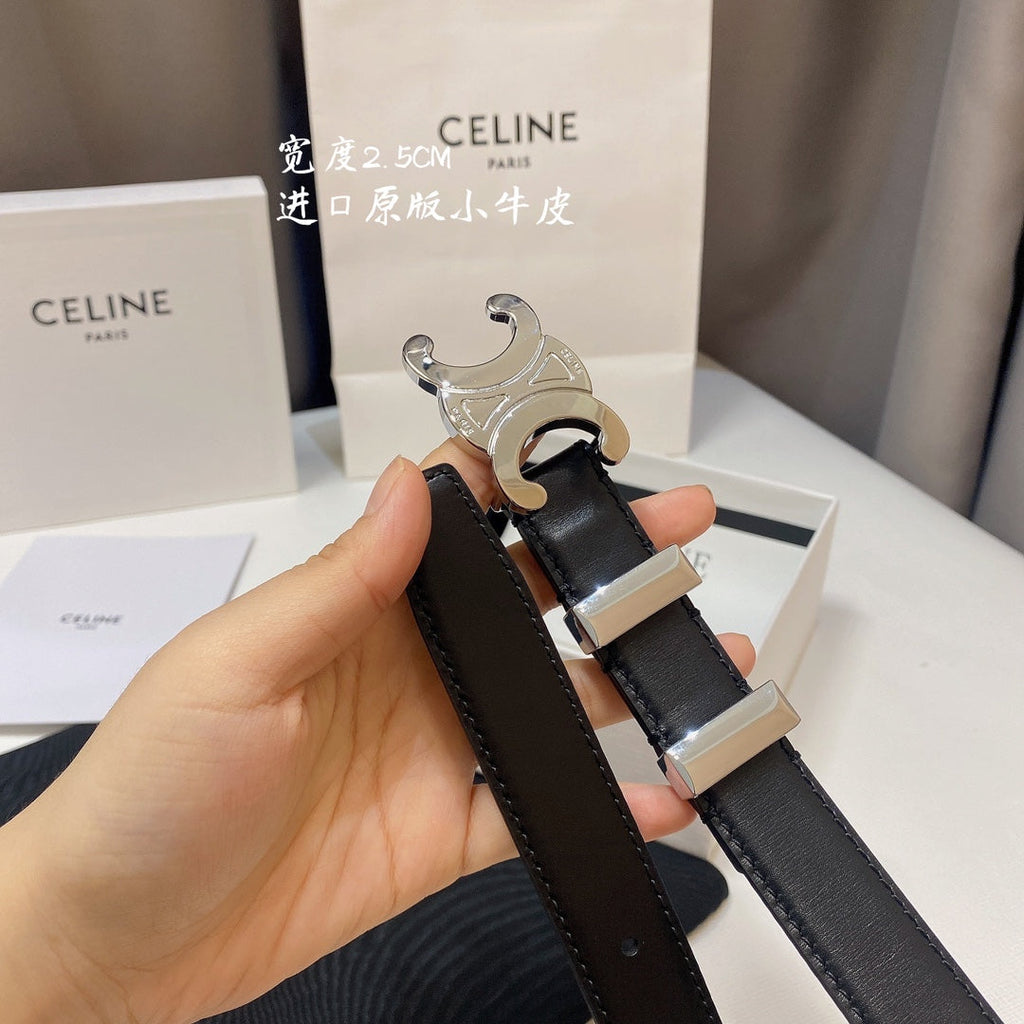 CELINE CL MEDIUM 25MM TRIOMPHE BELT IN BLACK CALFSKIN SILVER HARDWARE