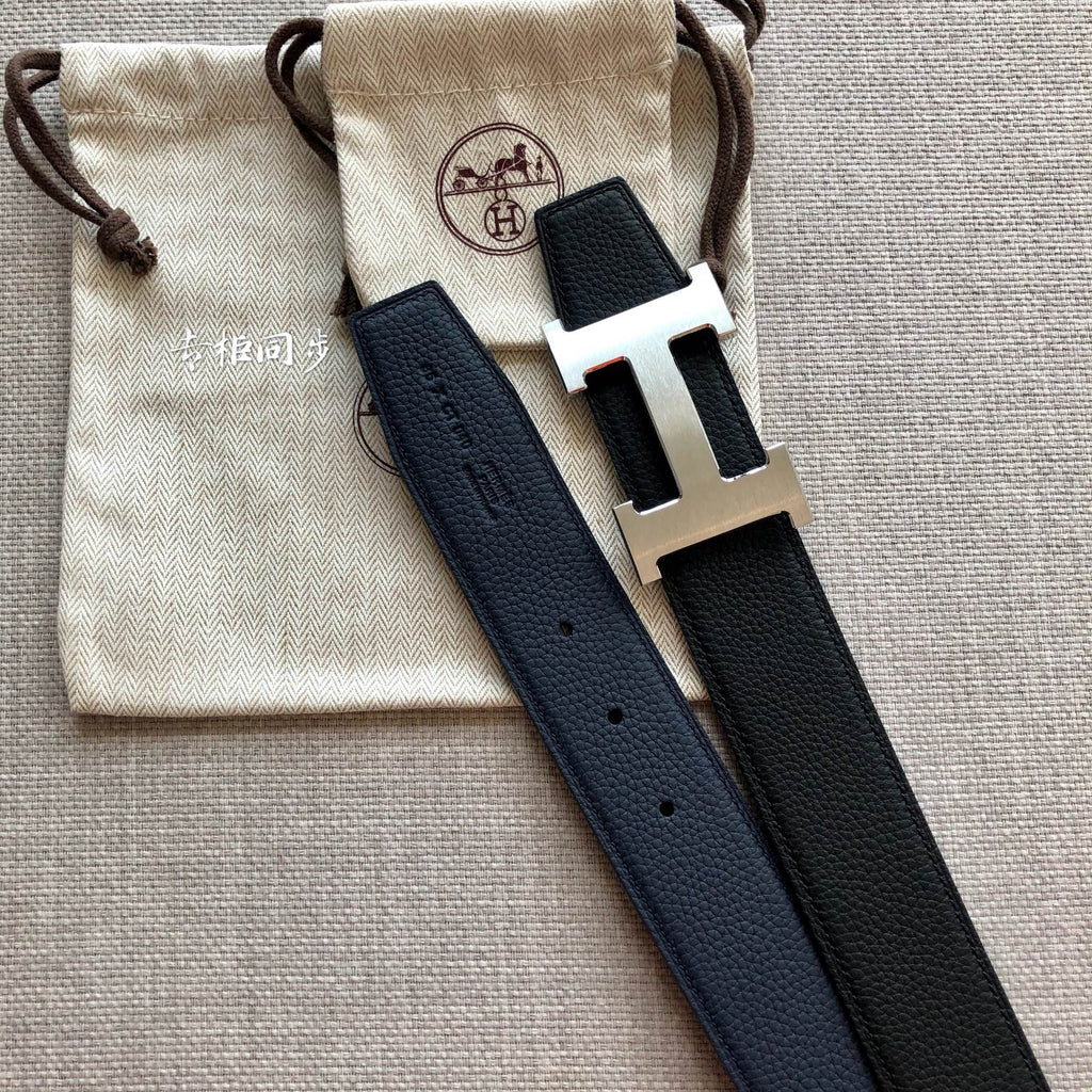 HERMES BELT BUCKLE & REVERSIBLE BLACK LEATHER STRAP 38MM SILVER HARDWARE