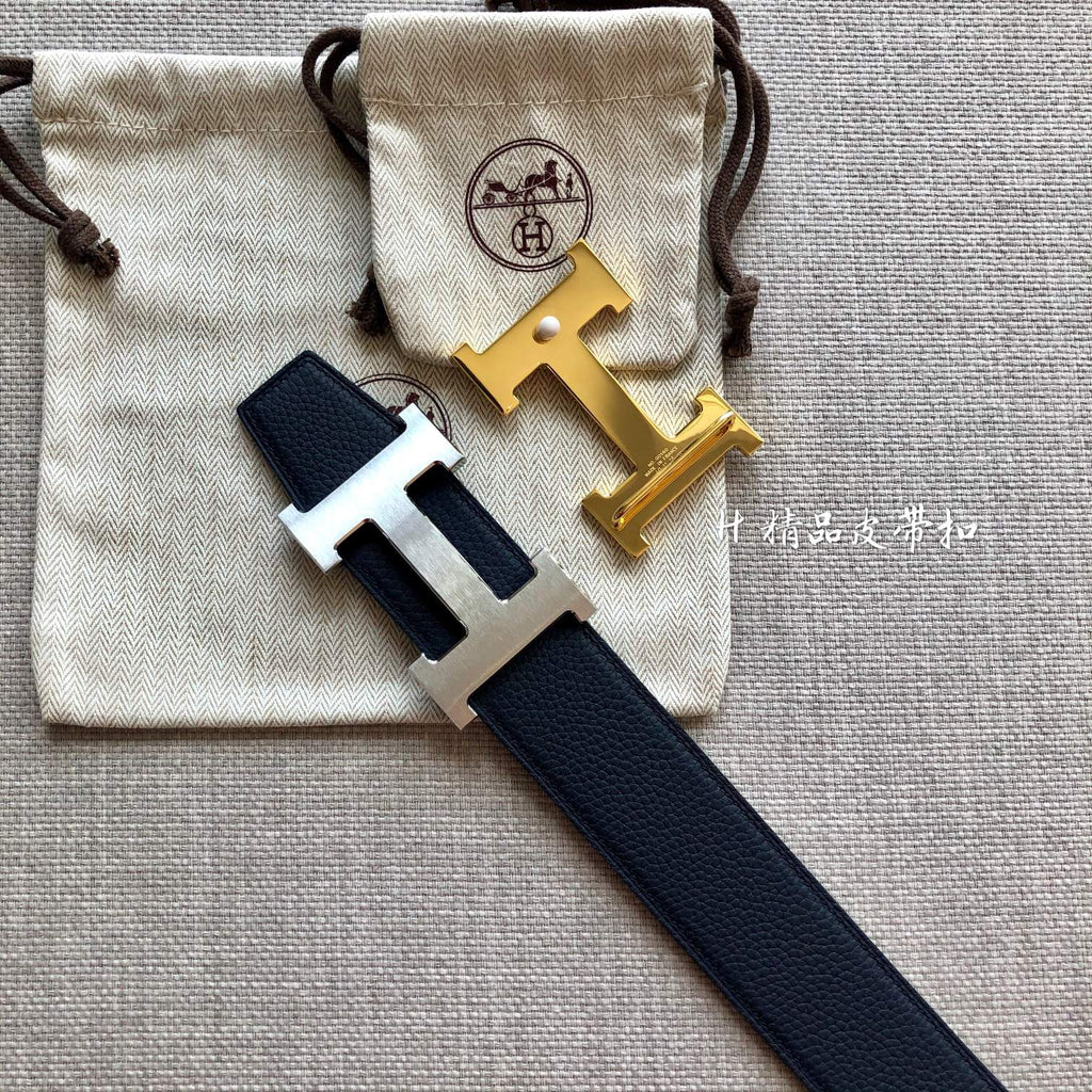 HERMES BELT BUCKLE & REVERSIBLE BLACK LEATHER STRAP 38MM SILVER HARDWARE