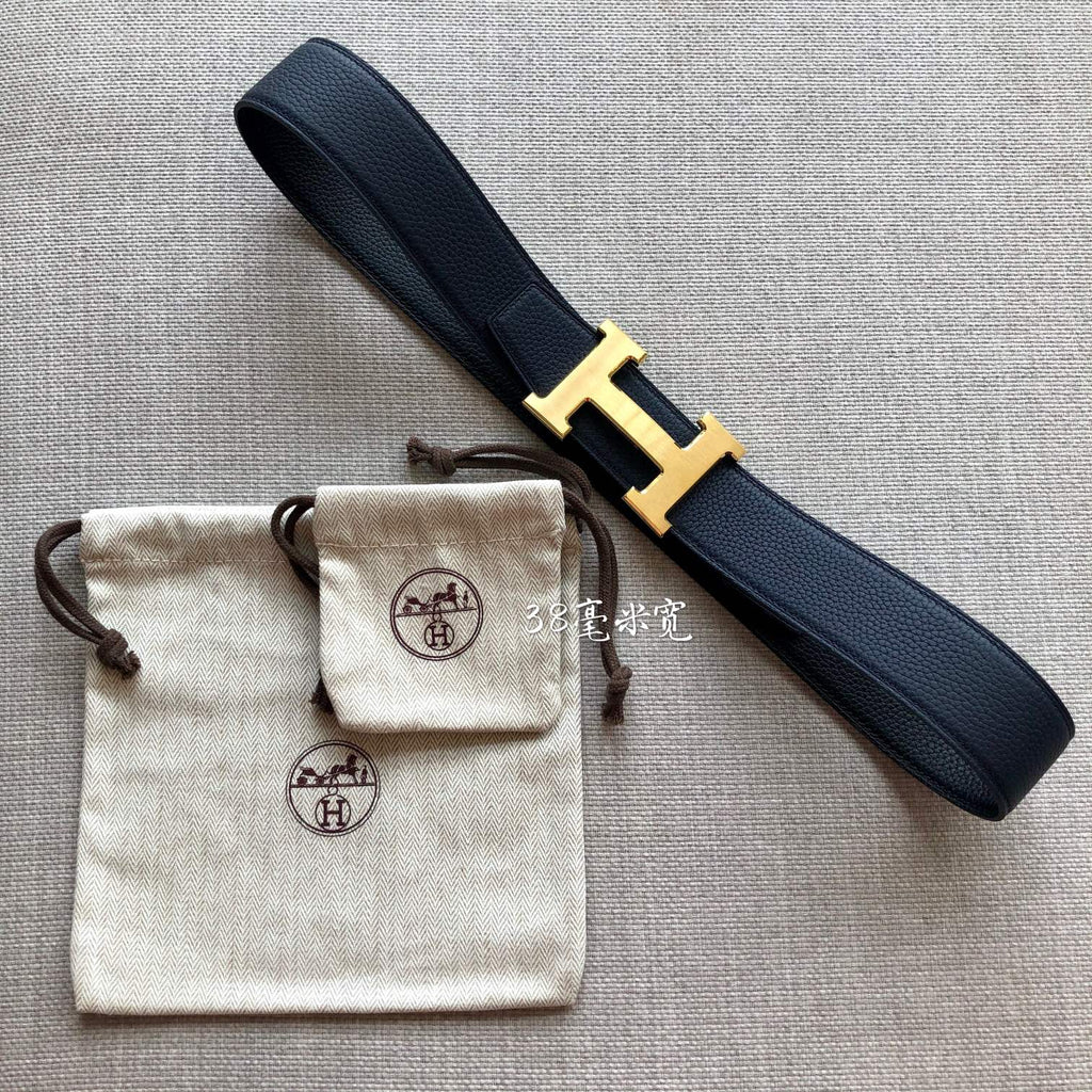 HERMES BELT BUCKLE & REVERSIBLE BLACK LEATHER STRAP 38MM GOLD HARDWARE