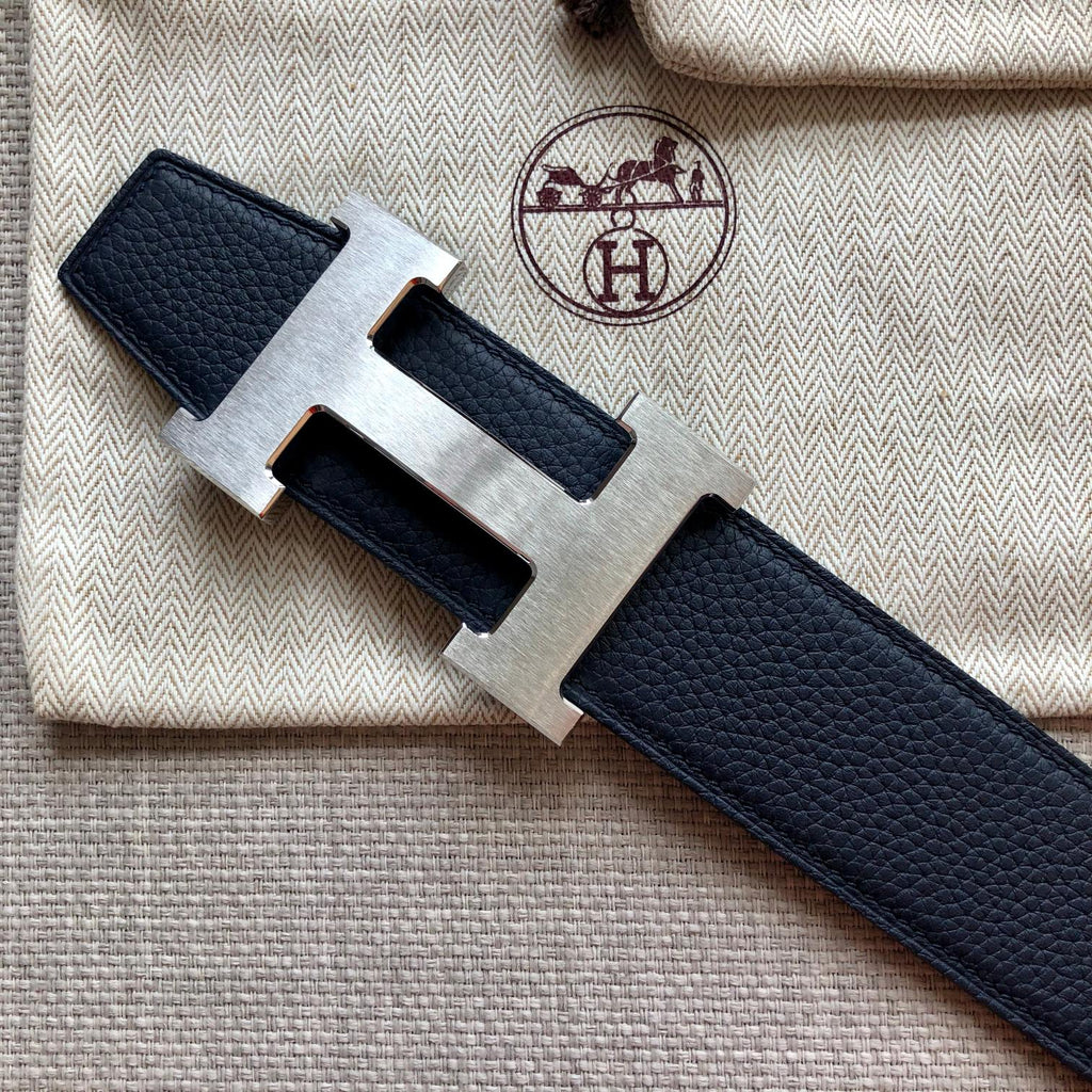 HERMES BELT BUCKLE & REVERSIBLE BLACK LEATHER STRAP 38MM SILVER HARDWARE