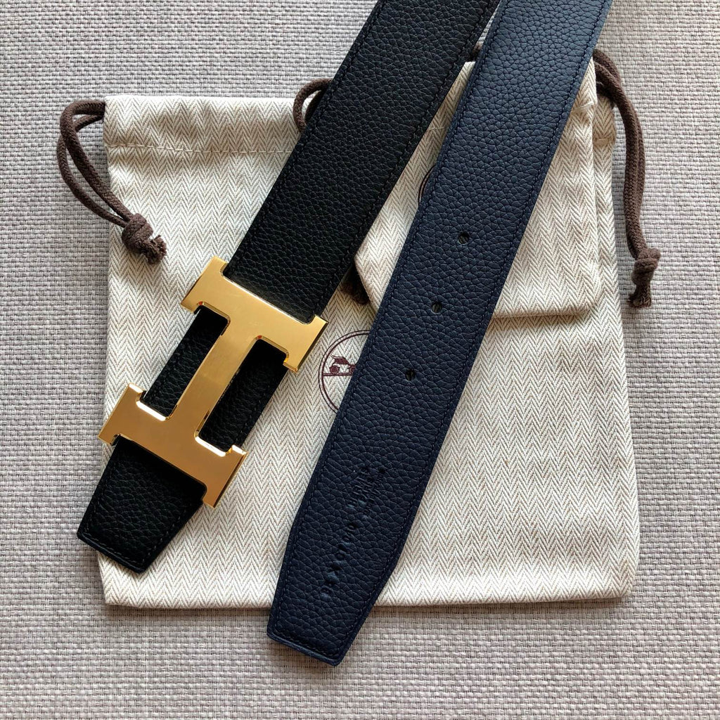 HERMES BELT BUCKLE & REVERSIBLE BLACK LEATHER STRAP 38MM GOLD HARDWARE