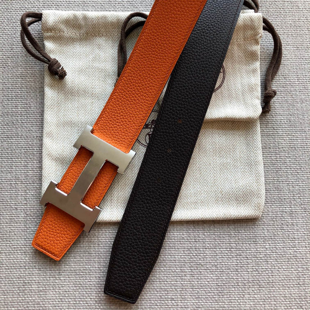 HERMES BELT BUCKLE & REVERSIBLE BLACK AND ORANGE LEATHER STRAP 38MM SILVER HARDWARE