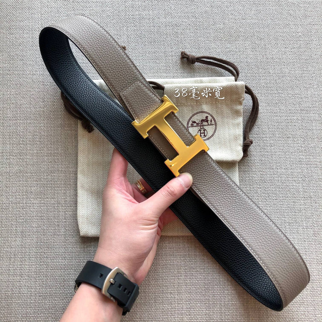 HERMES BELT BUCKLE & REVERSIBLE BLACK AND TAN BROWN LEATHER STRAP 38MM GOLD HARDWARE