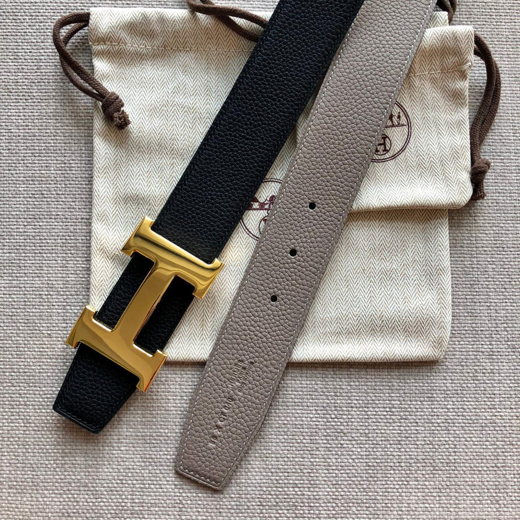 HERMES BELT BUCKLE & REVERSIBLE BLACK AND TAN BROWN LEATHER STRAP 38MM GOLD HARDWARE
