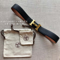 HERMES BELT BUCKLE & REVERSIBLE BLACK AND BRONZE BROWN LEATHER STRAP 38MM GOLD HARDWARE