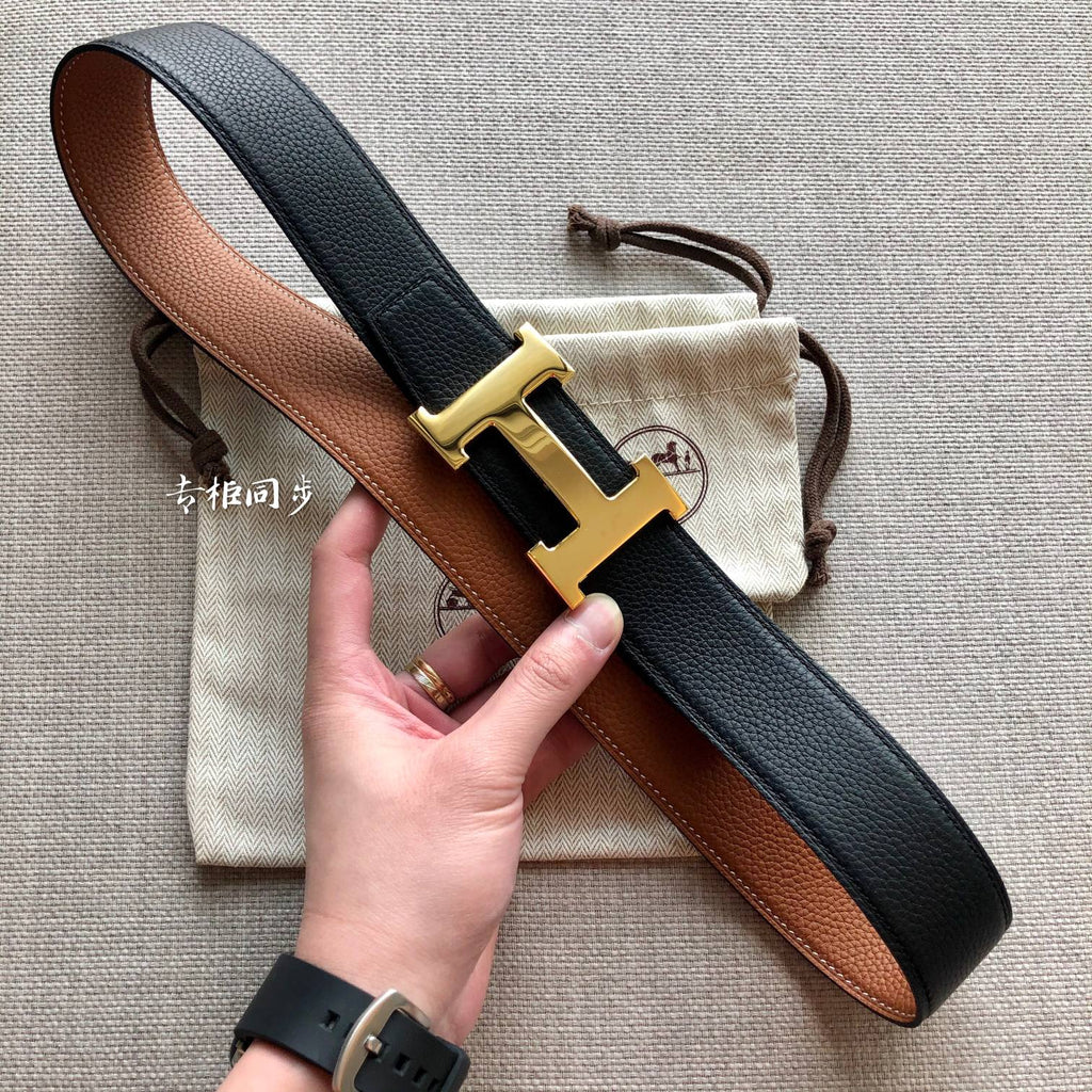HERMES BELT BUCKLE & REVERSIBLE BLACK AND BRONZE BROWN LEATHER STRAP 38MM GOLD HARDWARE