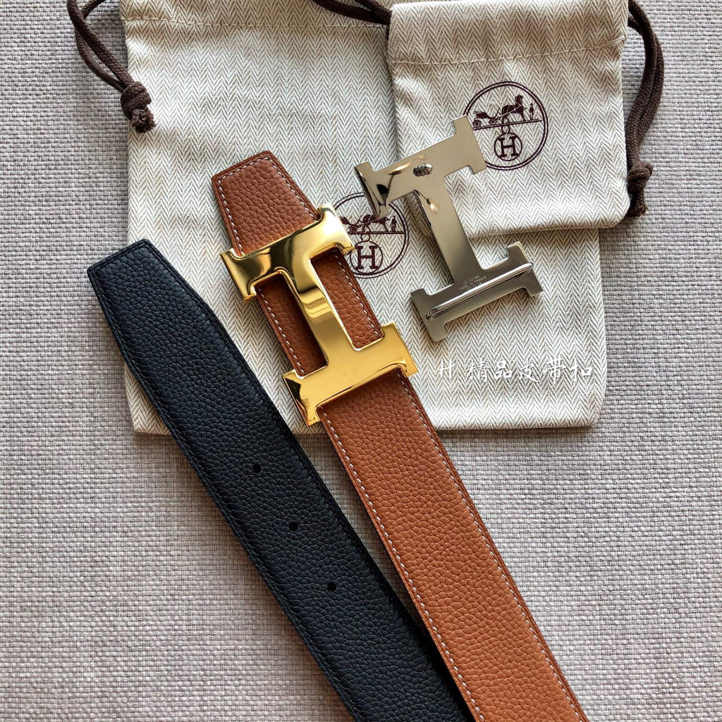 HERMES BELT BUCKLE & REVERSIBLE BLACK AND BRONZE BROWN LEATHER STRAP 38MM GOLD HARDWARE