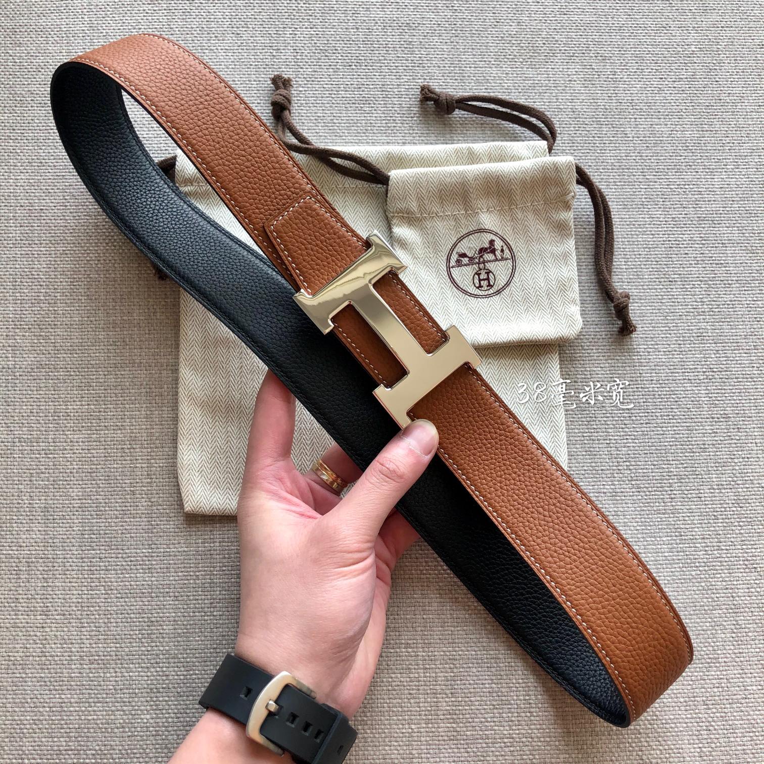 HERMES BELT BUCKLE & REVERSIBLE BLACK AND BRONZE BROWN LEATHER STRAP 38MM GOLD HARDWARE