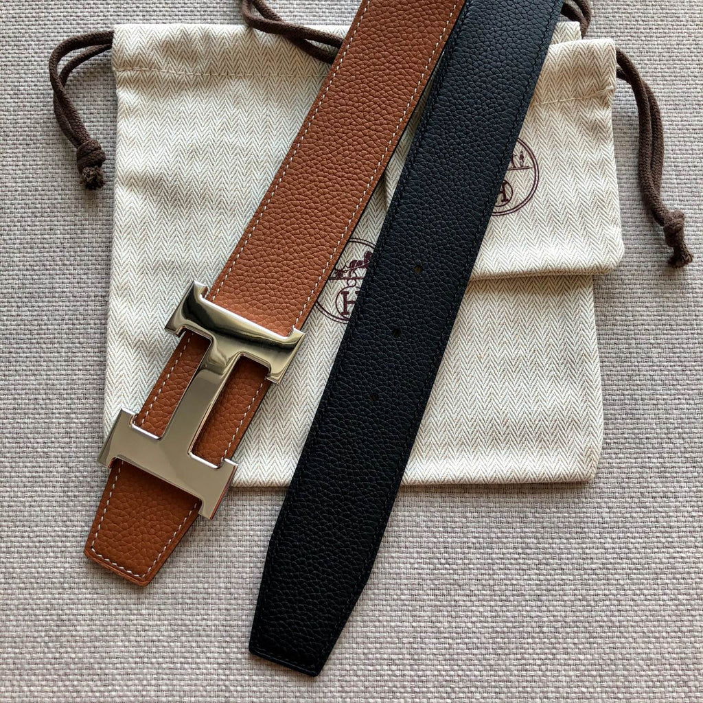 HERMES BELT BUCKLE & REVERSIBLE BLACK AND BRONZE BROWN LEATHER STRAP 38MM GOLD HARDWARE
