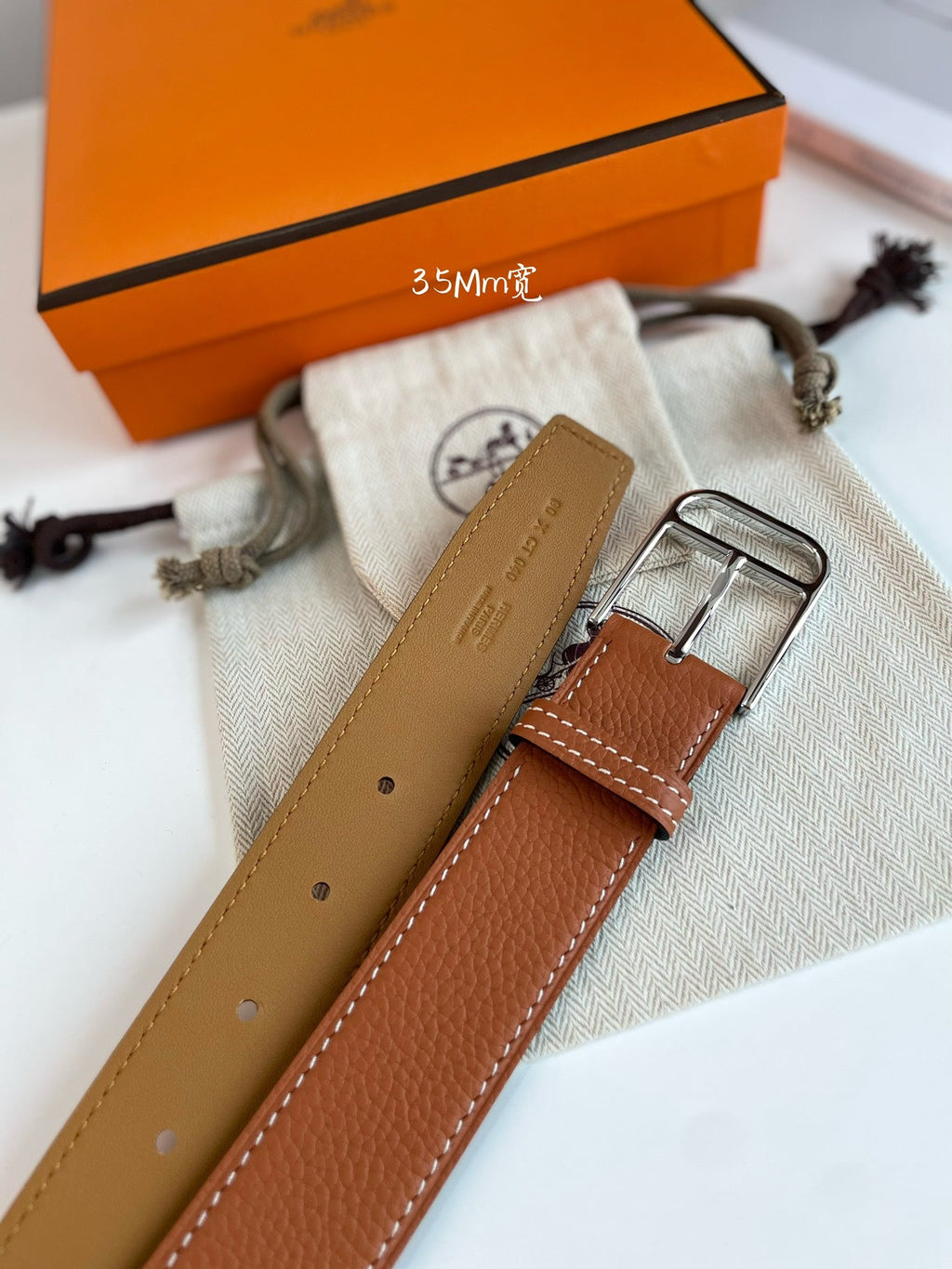 HERMES ROMAIN 35MM BELT YAM ORANGE LEATHER SILVER HARDWARE