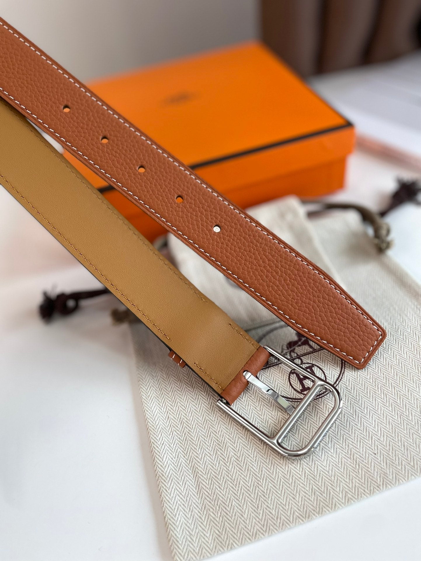 HERMES ROMAIN 35MM BELT YAM ORANGE LEATHER SILVER HARDWARE