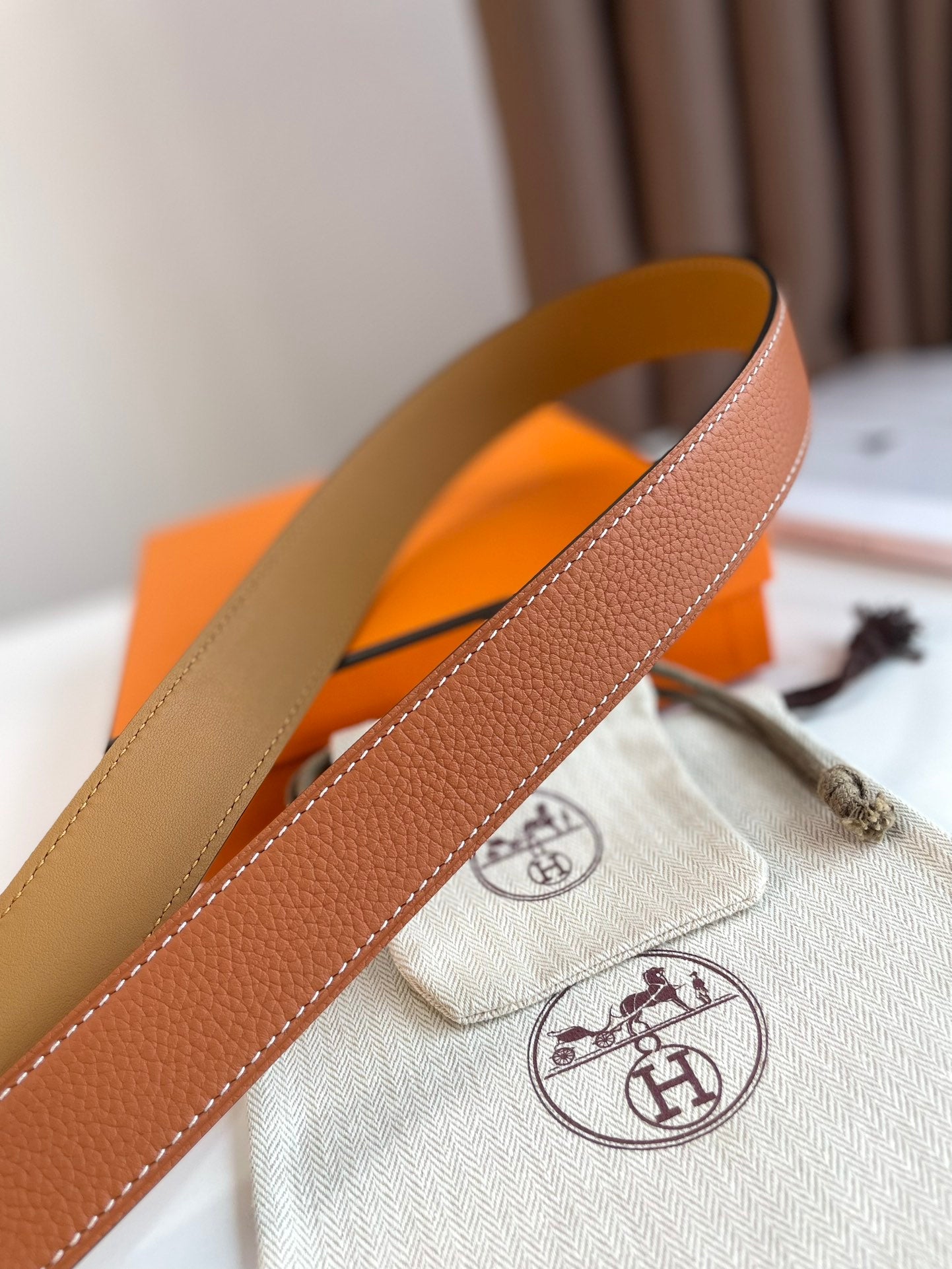 HERMES ROMAIN 35MM BELT YAM ORANGE LEATHER SILVER HARDWARE