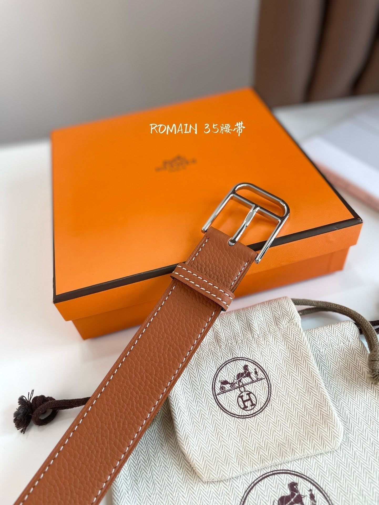 HERMES ROMAIN 35MM BELT YAM ORANGE LEATHER SILVER HARDWARE