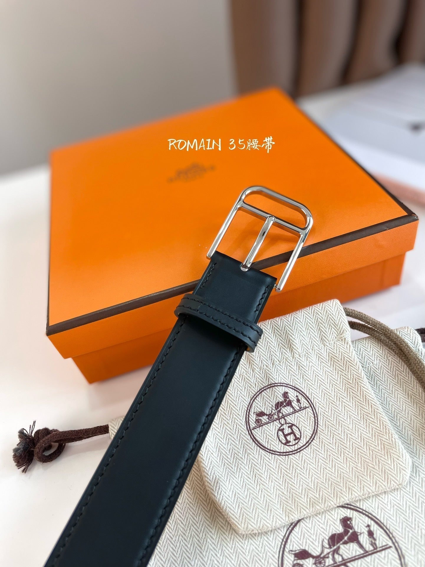 HERMES ROMAIN 35MM BELT BLACK LEATHER SILVER HARDWARE