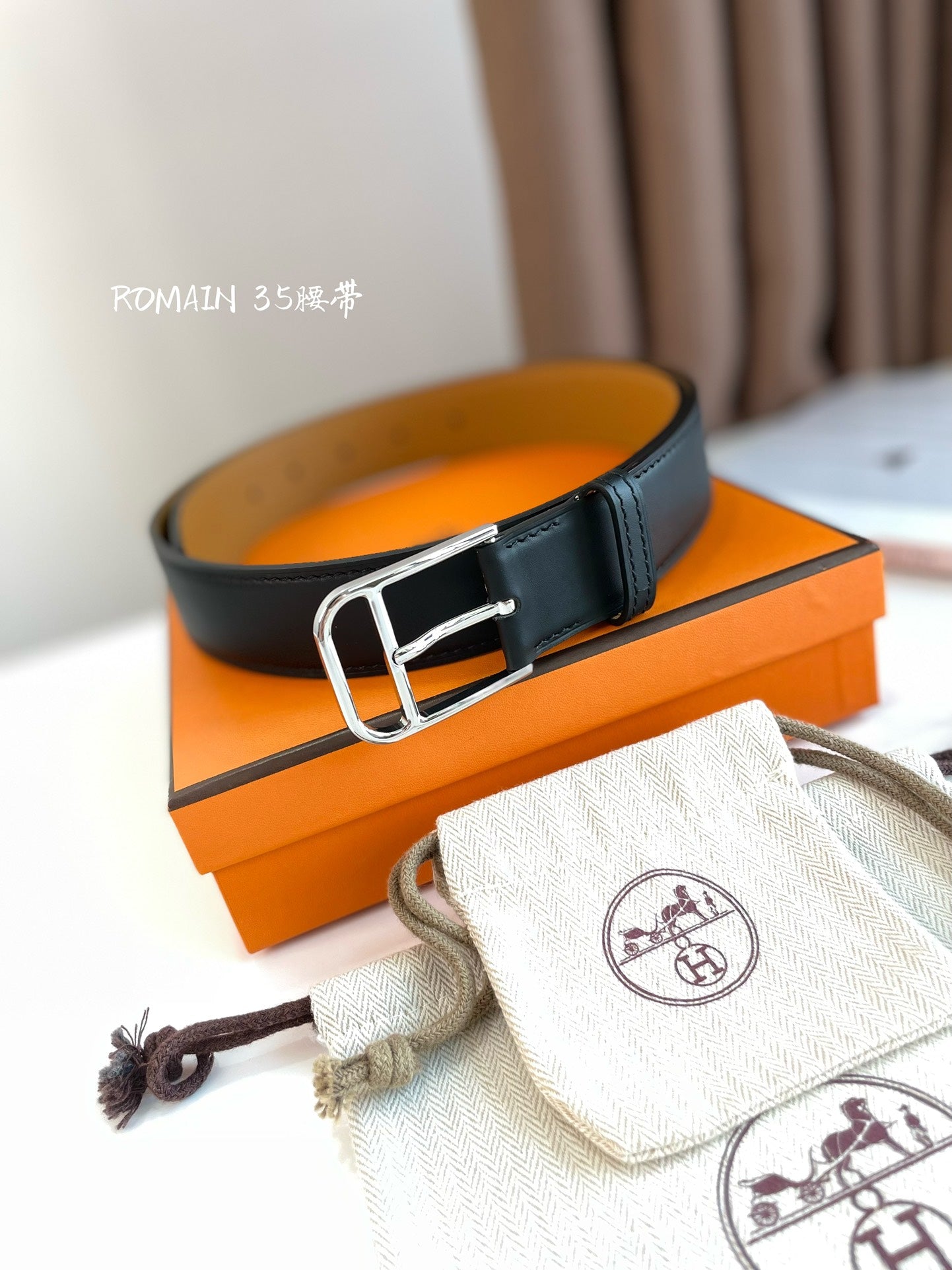 HERMES ROMAIN 35MM BELT BLACK LEATHER SILVER HARDWARE