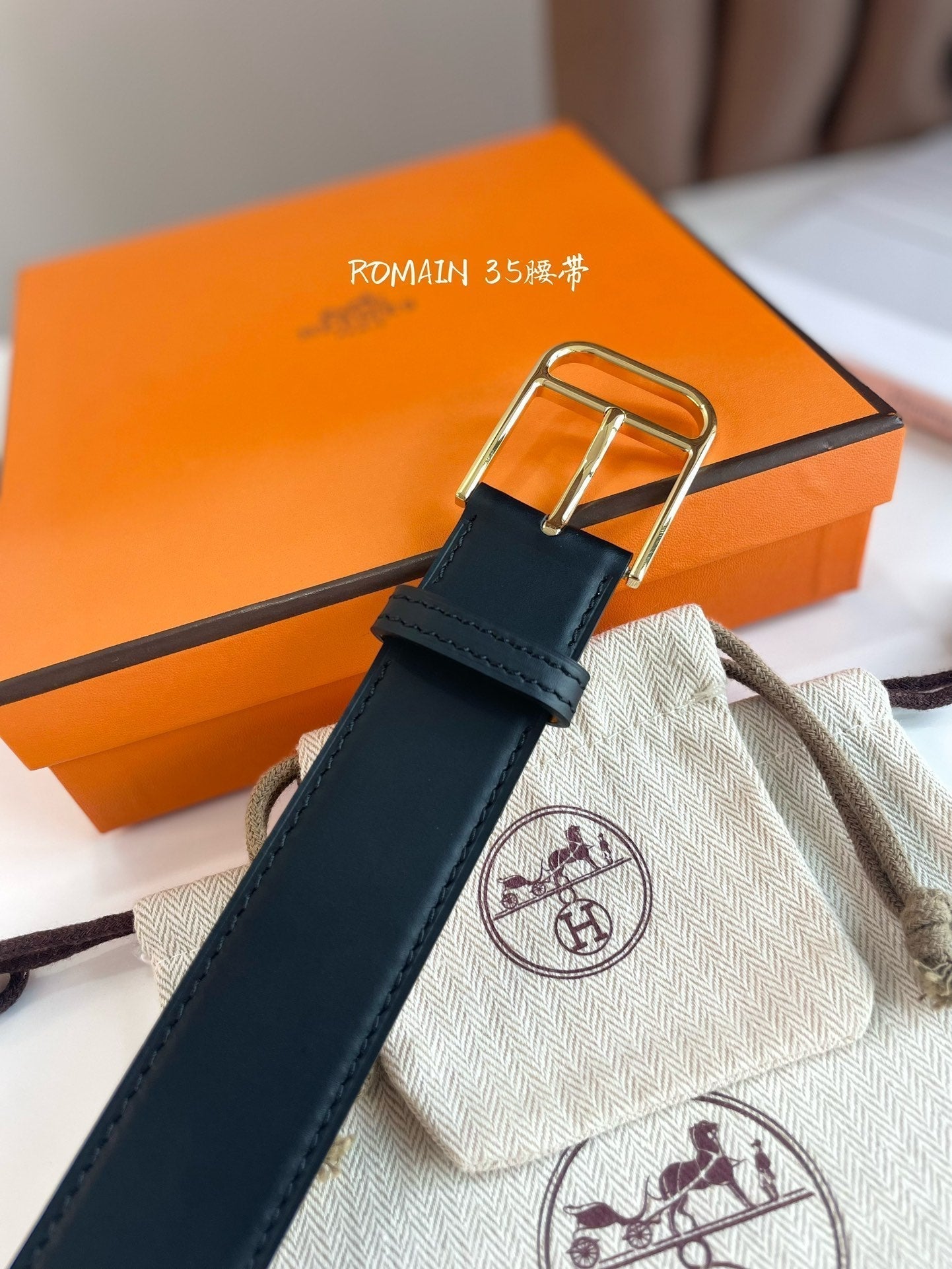 HERMES ROMAIN 35MM BELT BLACK LEATHER GOLD HARDWARE