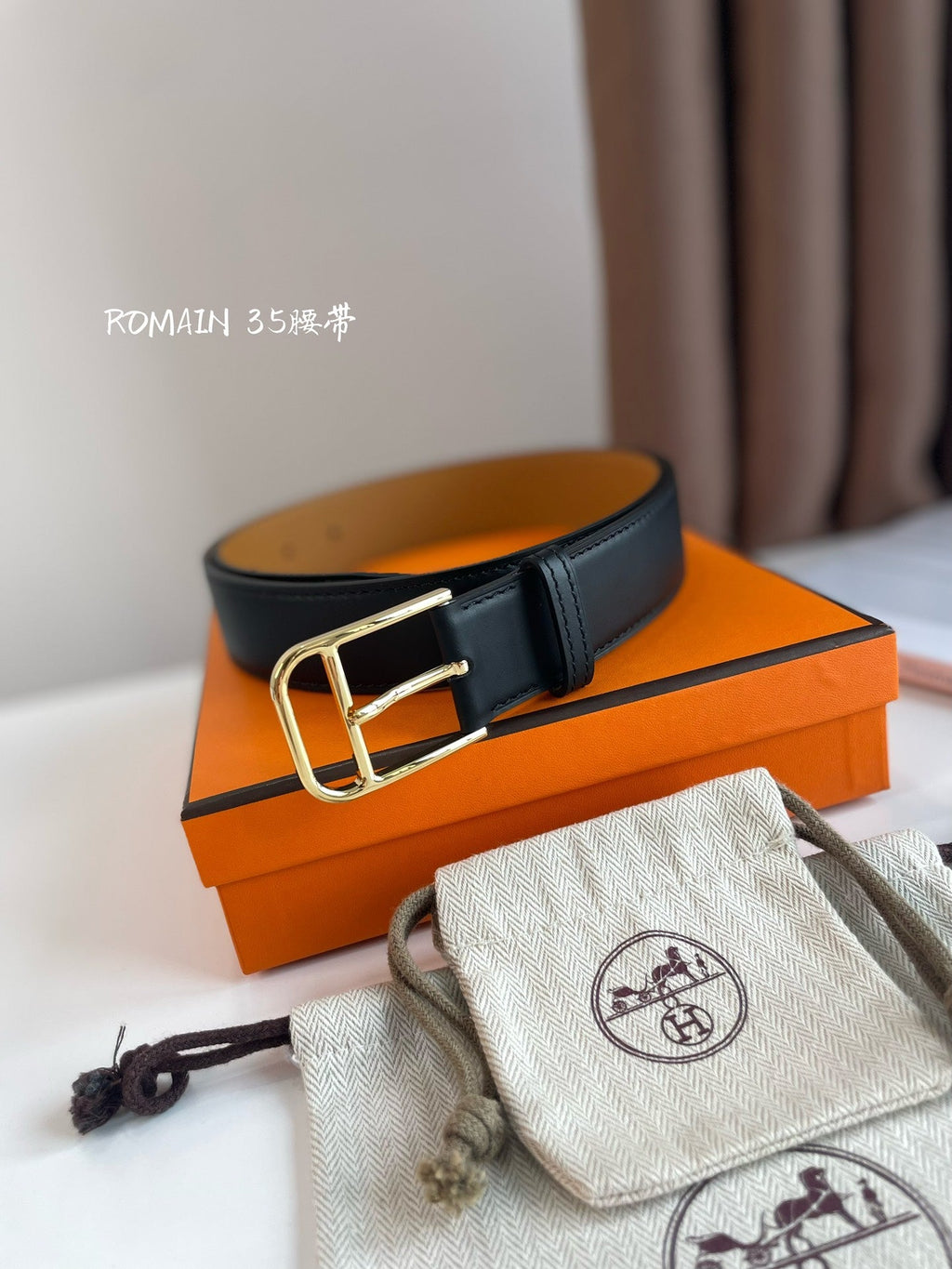 HERMES ROMAIN 35MM BELT BLACK LEATHER GOLD HARDWARE