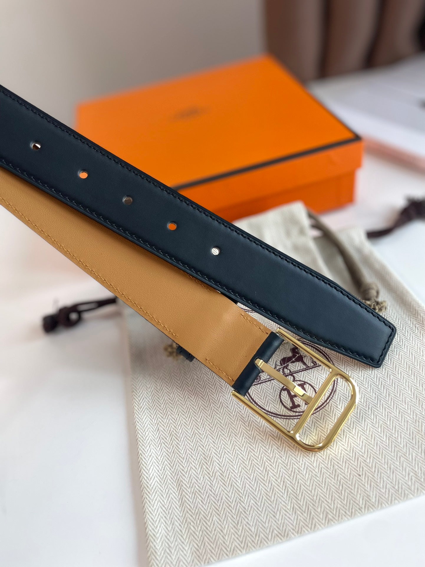 HERMES ROMAIN 35MM BELT BLACK LEATHER GOLD HARDWARE