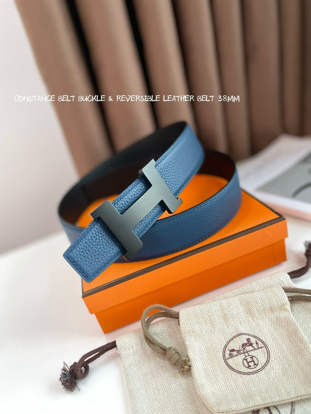 HERMES CONSTANCE BELT BUCKLE & REVERSIBLE NAVY BLUE AND BLACK LEATHER STRAP 38MM