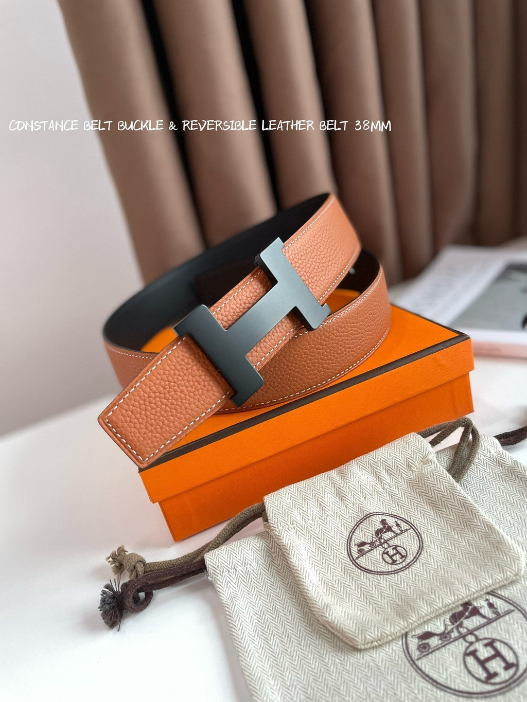 HERMES CONSTANCE BELT BUCKLE & REVERSIBLE GINGER ORANGE AND BLACK LEATHER STRAP 38MM