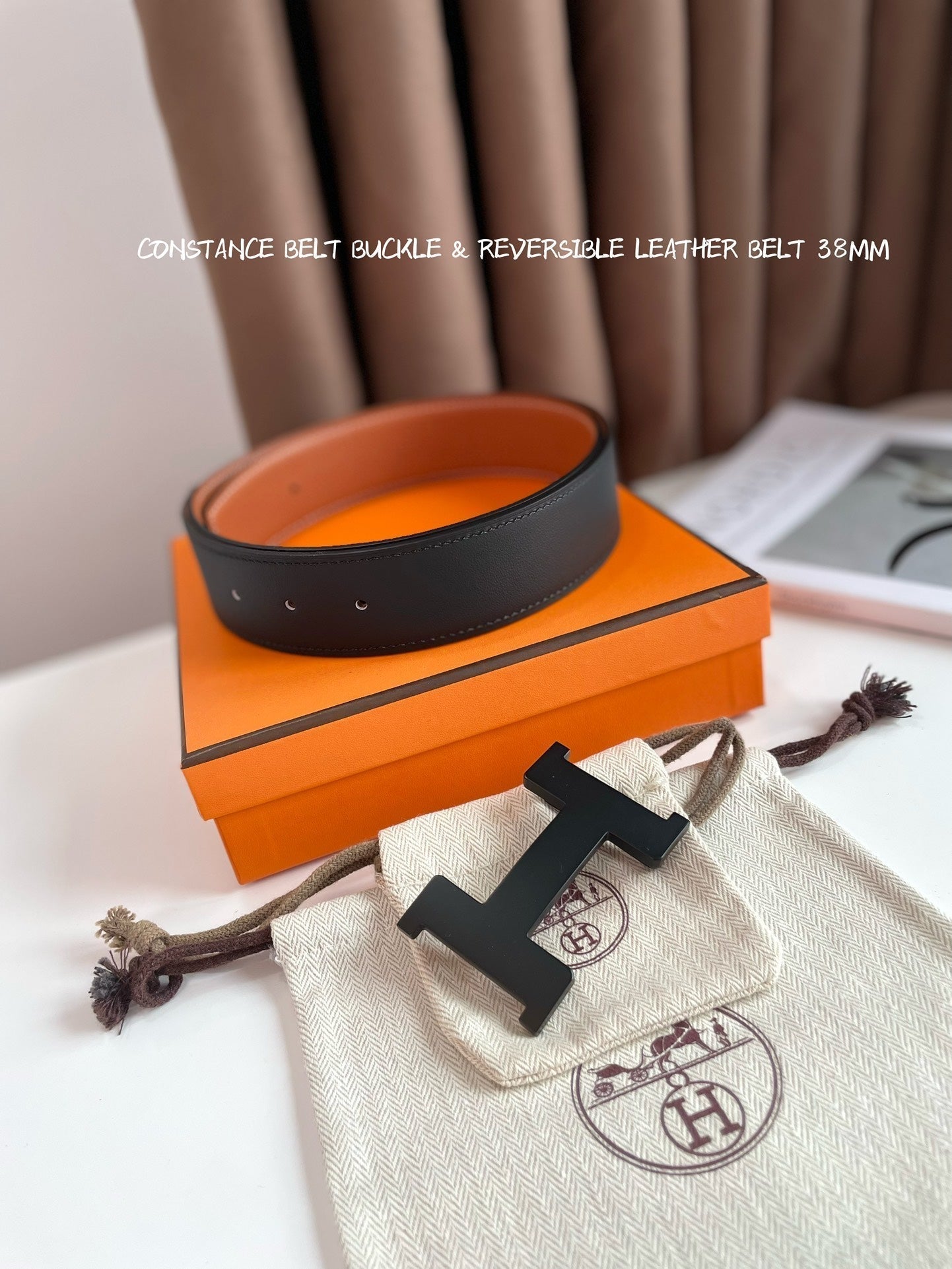 HERMES CONSTANCE BELT BUCKLE & REVERSIBLE GINGER ORANGE AND BLACK LEATHER STRAP 38MM