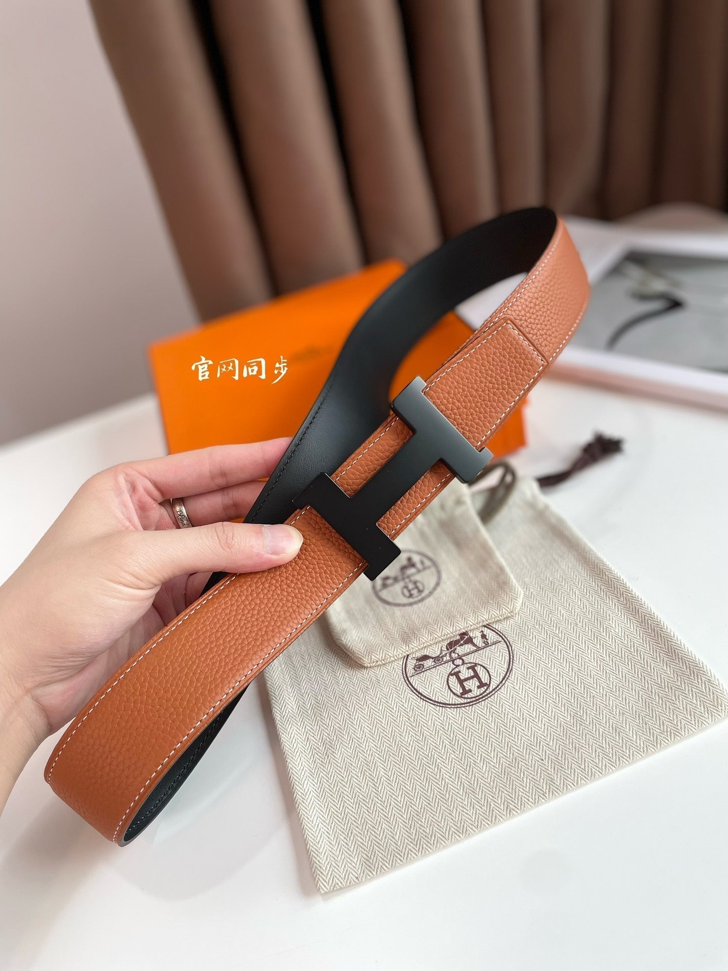 HERMES CONSTANCE BELT BUCKLE & REVERSIBLE GINGER ORANGE AND BLACK LEATHER STRAP 38MM