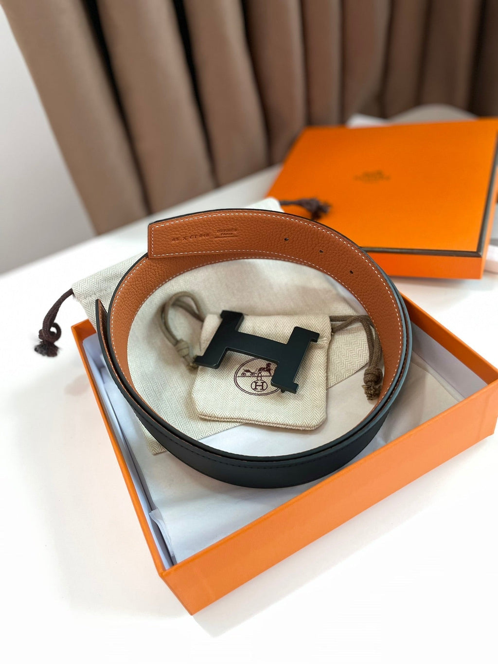 HERMES CONSTANCE BELT BUCKLE & REVERSIBLE GINGER ORANGE AND BLACK LEATHER STRAP 38MM