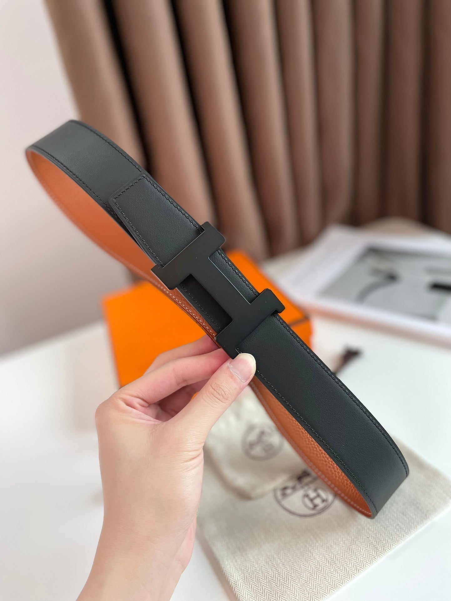 HERMES CONSTANCE BELT BUCKLE & REVERSIBLE GINGER ORANGE AND BLACK LEATHER STRAP 38MM