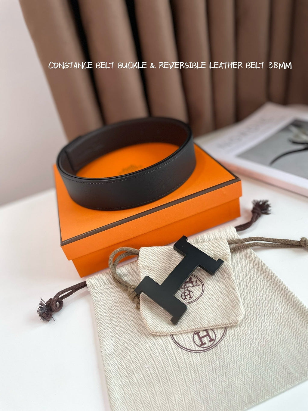 HERMES CONSTANCE BELT BUCKLE & REVERSIBLE CHOCOLATE BROWN AND BLACK LEATHER STRAP 38MM