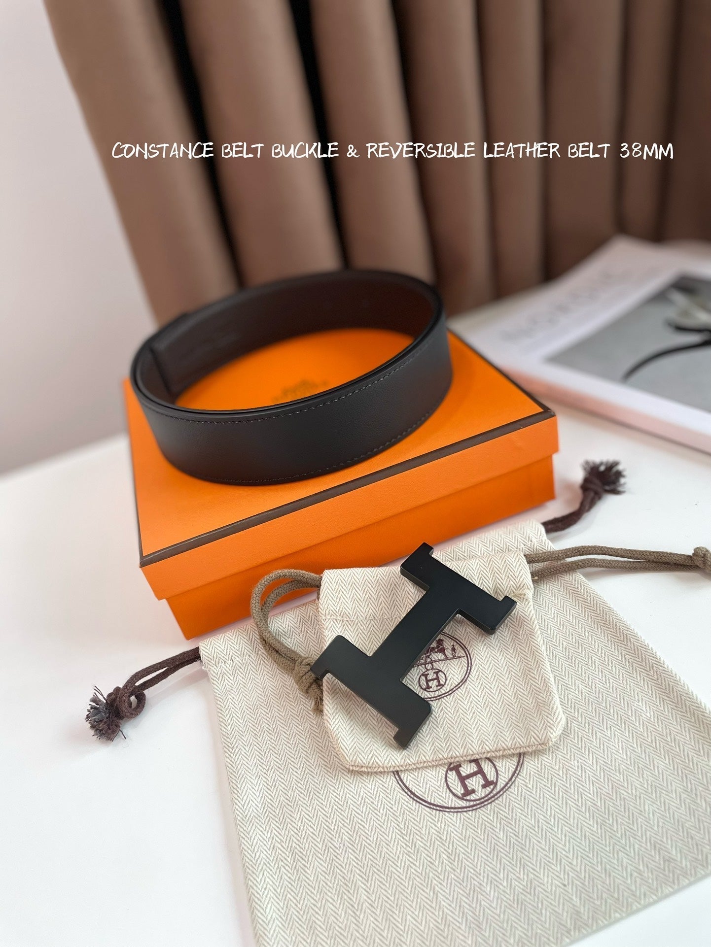 HERMES CONSTANCE BELT BUCKLE & REVERSIBLE CHOCOLATE BROWN AND BLACK LEATHER STRAP 38MM