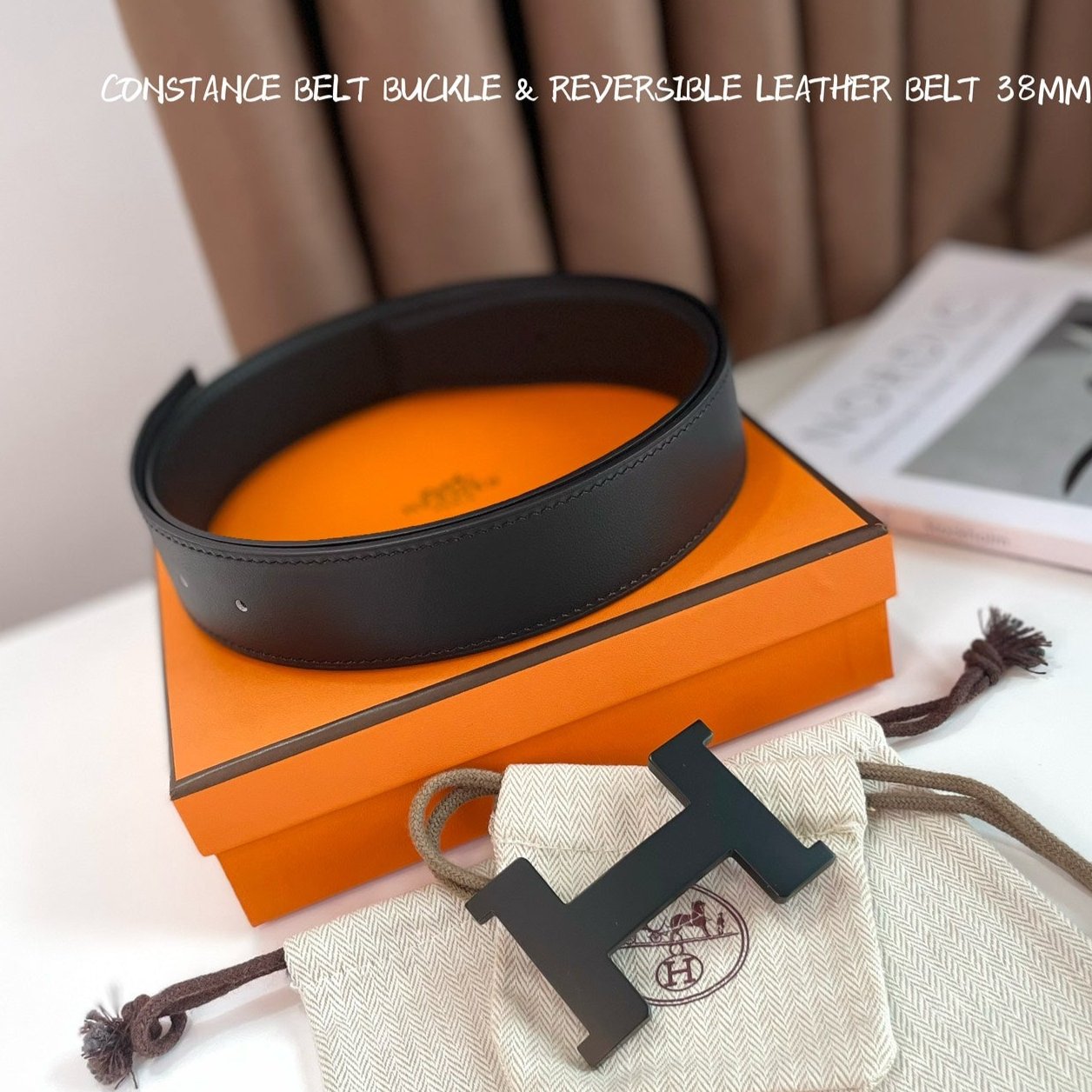 HERMES CONSTANCE BELT BUCKLE & REVERSIBLE  BLACK LEATHER STRAP 38MM