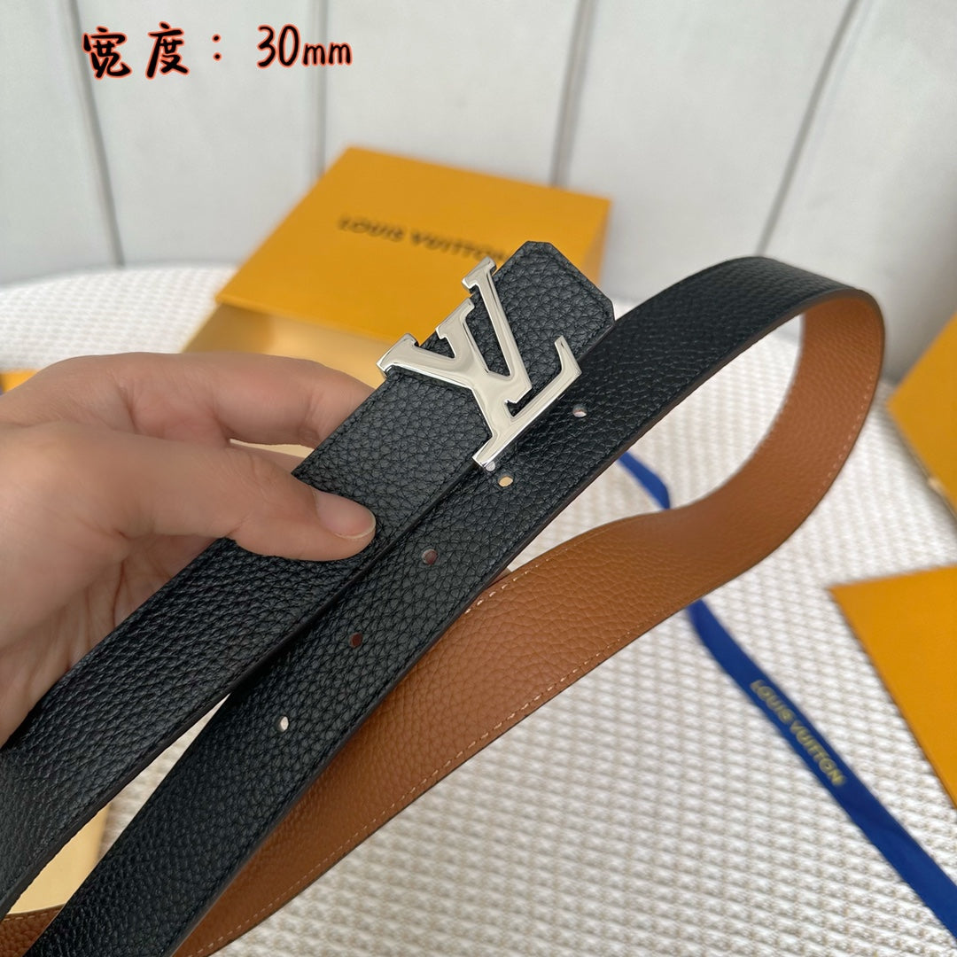 LOUIS VUITTON LV 30 MM BELTS IN BLACK AND BRONZE BROWN CALFSKIN SILVER HARDWARE