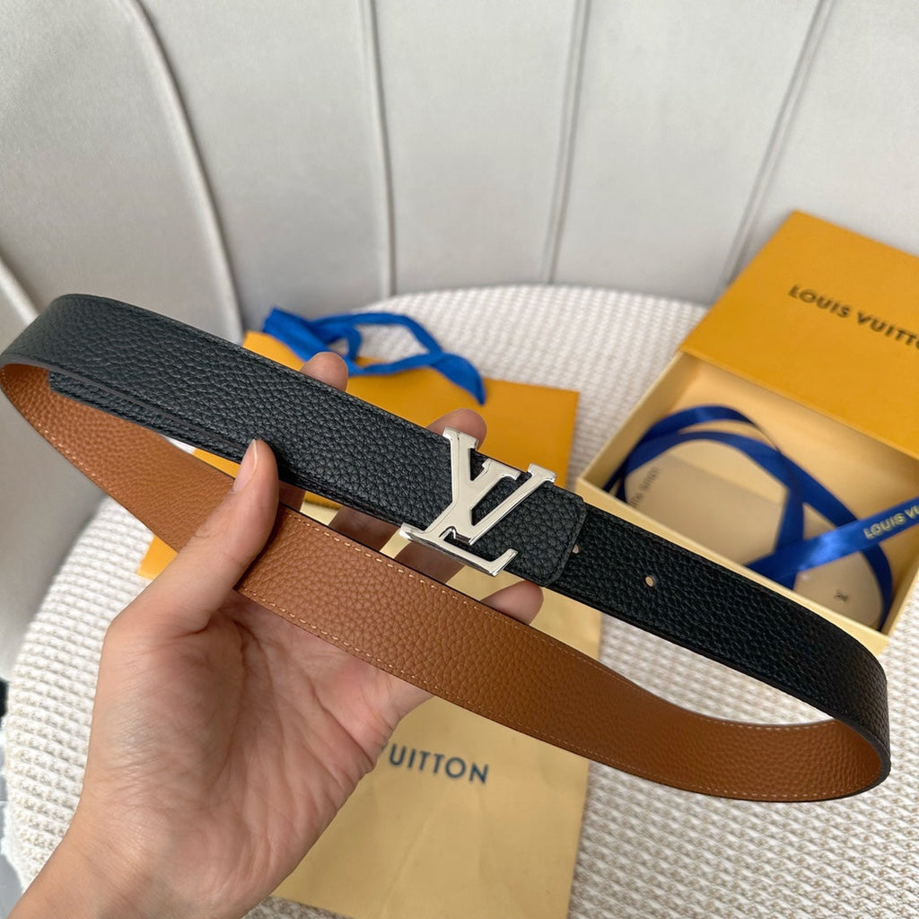 LOUIS VUITTON LV 30 MM BELTS IN BLACK AND BRONZE BROWN CALFSKIN SILVER HARDWARE