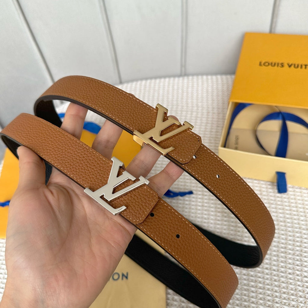 LOUIS VUITTON LV 30 MM BELTS IN BLACK AND BRONZE BROWN CALFSKIN SILVER HARDWARE