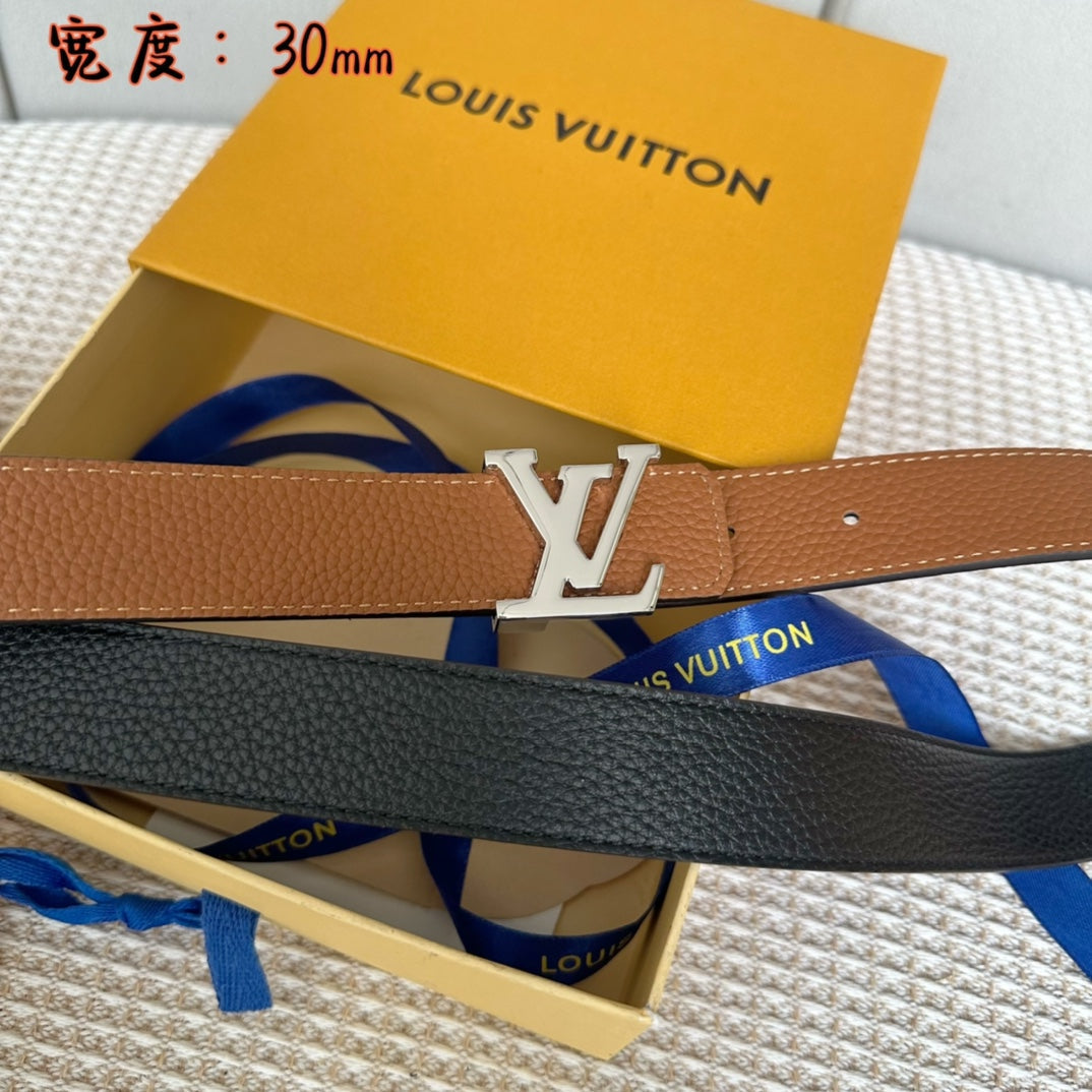 LOUIS VUITTON LV 30 MM BELTS IN BLACK AND BRONZE BROWN CALFSKIN SILVER HARDWARE