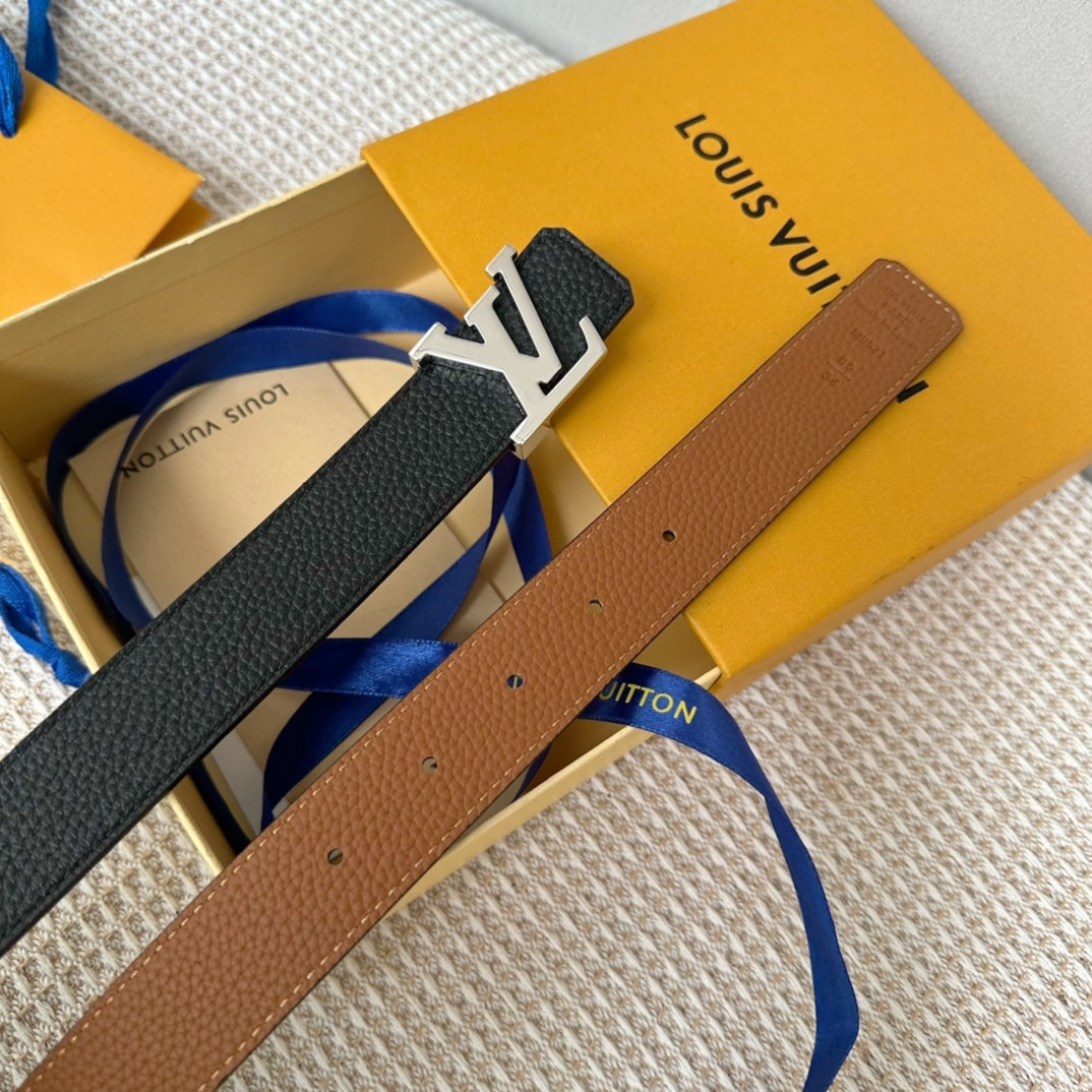 LOUIS VUITTON LV 30 MM BELTS IN BLACK AND BRONZE BROWN CALFSKIN SILVER HARDWARE