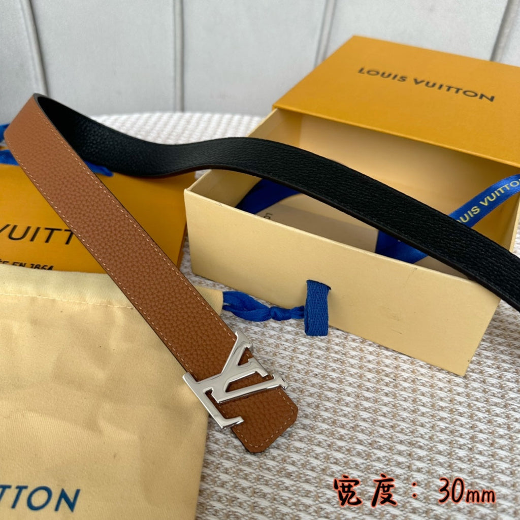 LOUIS VUITTON LV 30 MM BELTS IN BLACK AND BRONZE BROWN CALFSKIN SILVER HARDWARE