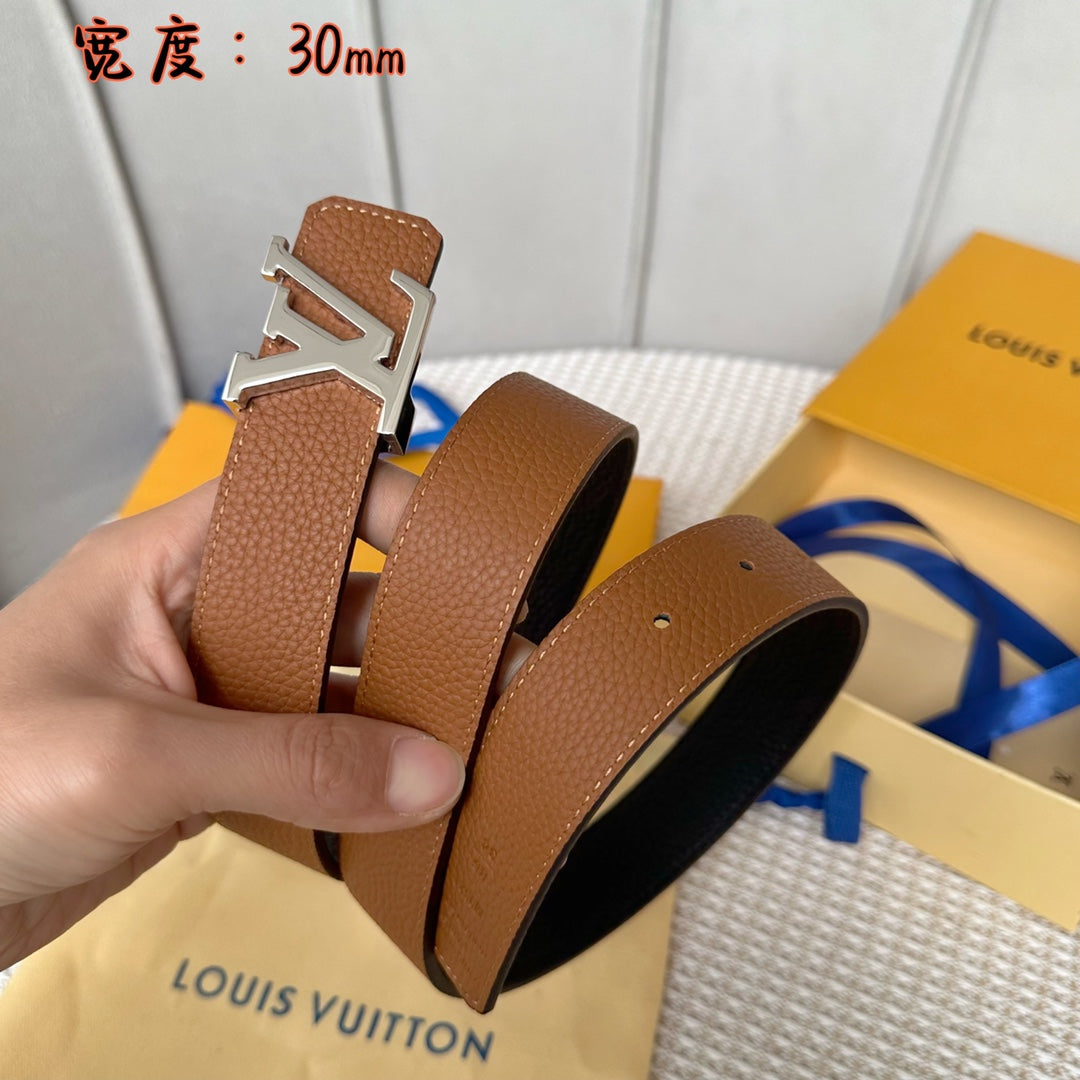 LOUIS VUITTON LV 30 MM BELTS IN BLACK AND BRONZE BROWN CALFSKIN SILVER HARDWARE