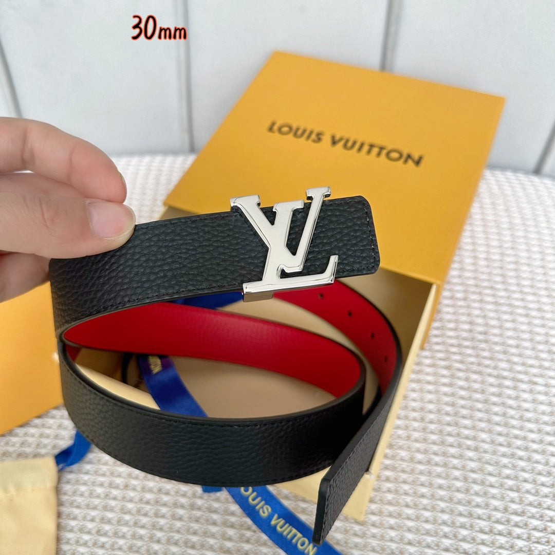 LOUIS VUITTON LV Initiales 30mm Reversible Belt Silver Buckle Red Black Leather