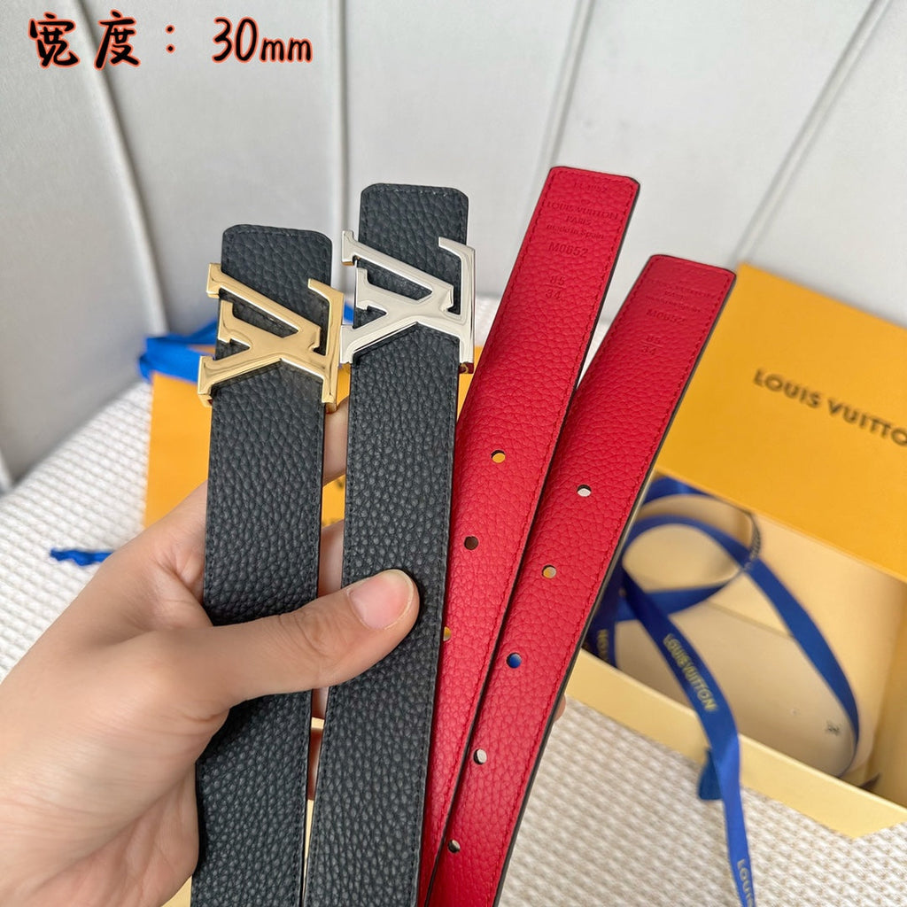 LOUIS VUITTON LV 30 MM BELTS IN BLACK AND CHERRY RED CALFSKIN SILVER HARDWARE