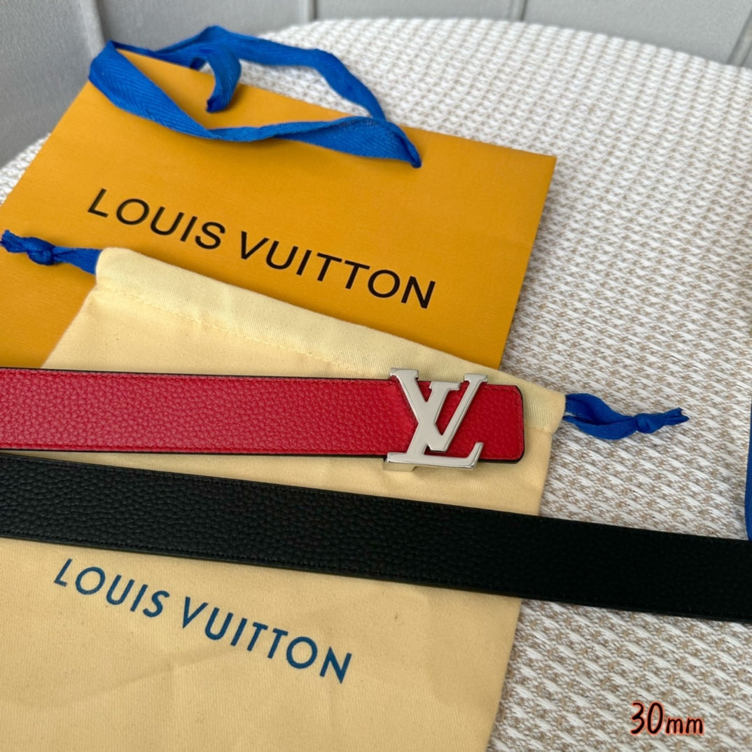 LOUIS VUITTON LV Initiales 30mm Reversible Belt Silver Buckle Red Black Leather